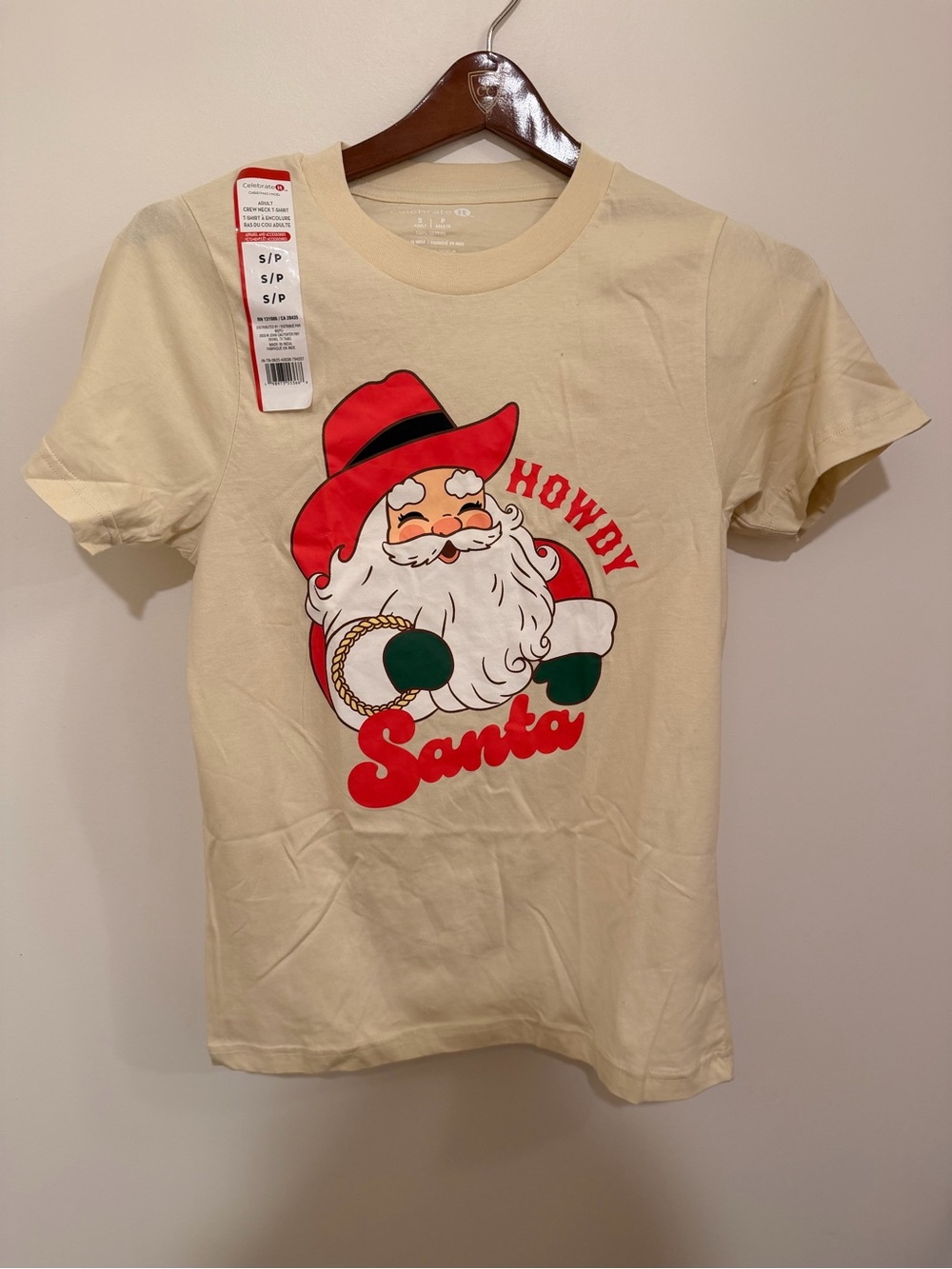 Celebrate It Christmas Santa Graphic T-Shirt Beige S Short Sleeve Crew Neck